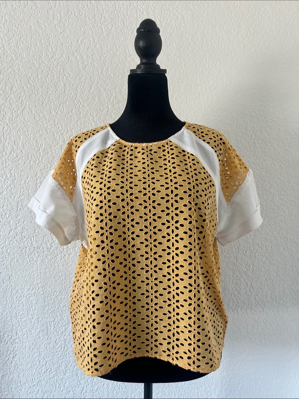 Mustard Eyelet Raglan Blouse with White Sleeve Panels